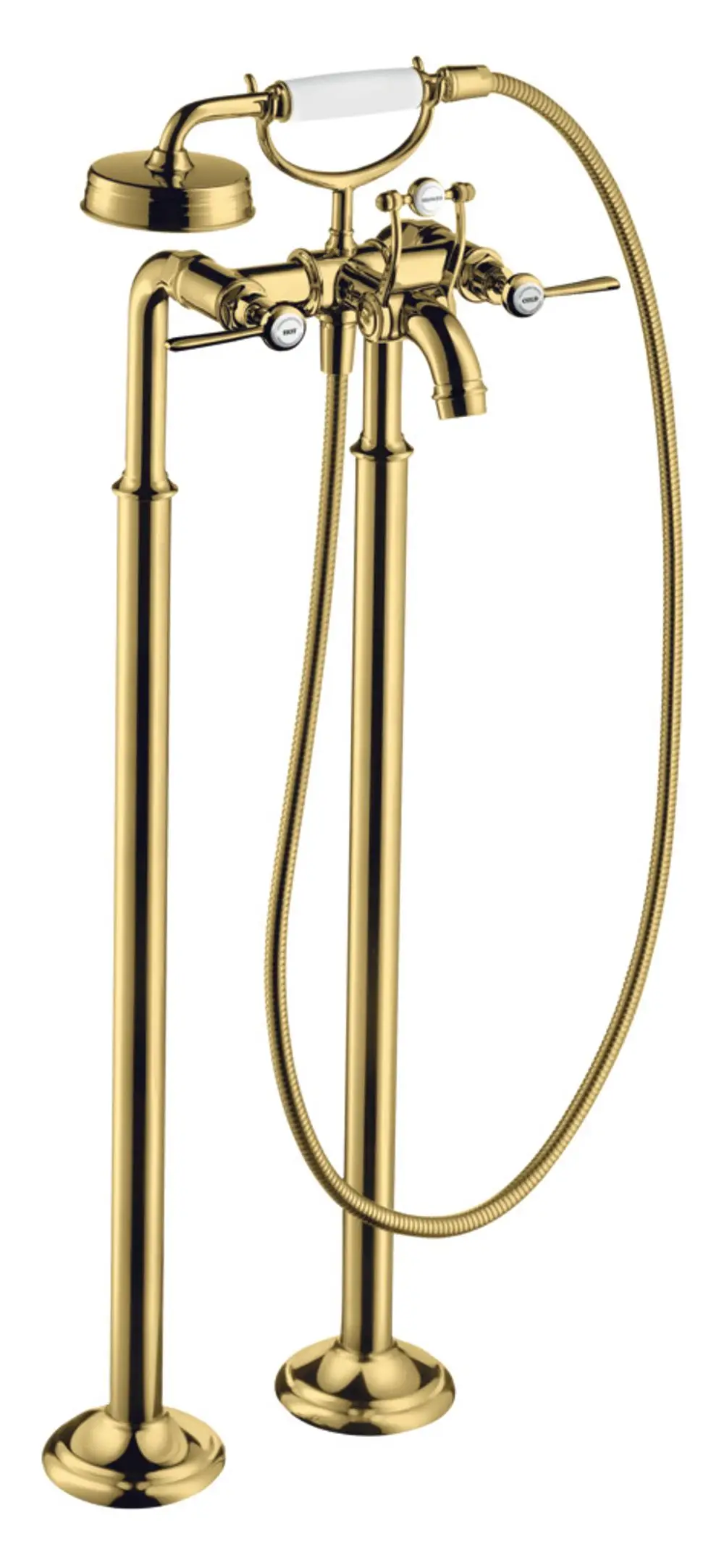 Bodenstehende Armatur aus poliertem Gold mit zwei Hebelgriffen für die Wanne, hergestellt von AXOR. Sprühkopf und flexible Schlauchverbindung sind ebenfalls vorhanden.